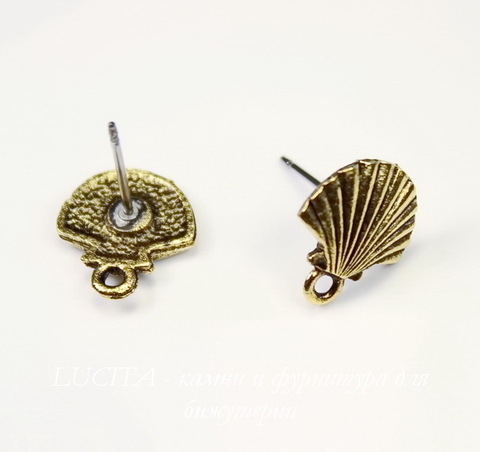 Пуссеты - гвоздики Quest Beads "Ракушка" 12х11 мм (цвет-античное золото)(без заглушек), пара