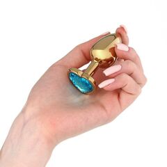 Золотистая анальная пробка с голубым кристаллом в форме сердца - 7 см. - 