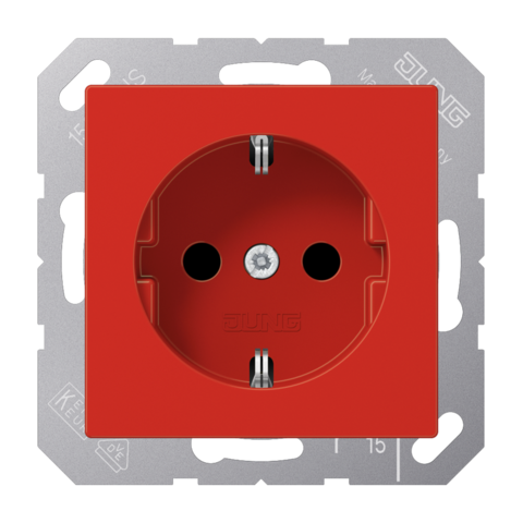 Розетка с заземлением, безвинтовой зажим 16 A / 250 B ~. Цвет Блестящий красный. JUNG AS. A1520BFRT
