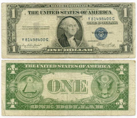 Банкнота США 1 доллар (серебряный сертификат) 1935E Y 81498400 G. F