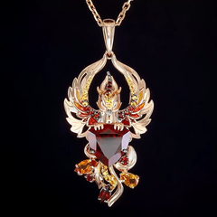 Подвеска «Феникс» из золота 585 пробы с гранатами, цитринами и эмалью