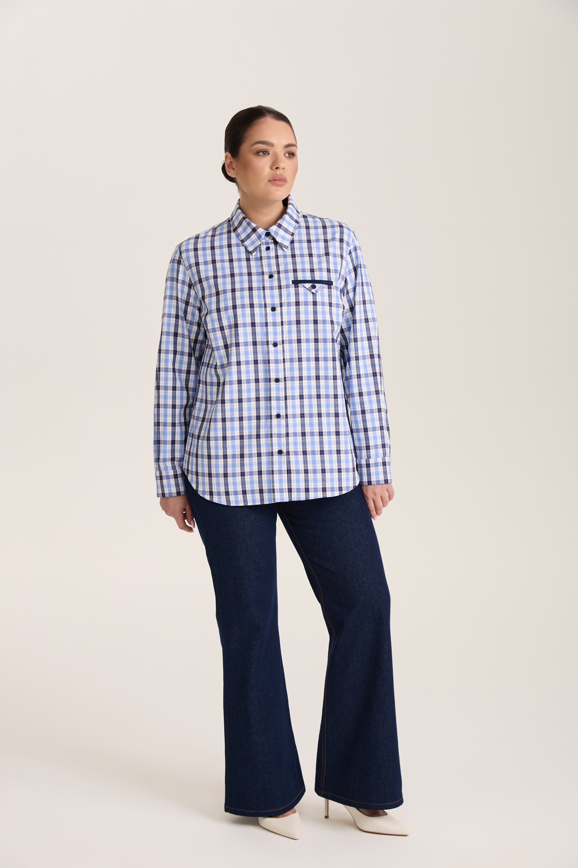 Рубашка с декоративным карманом в клетку, синий