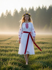 Славяночка. Платье льняное, белое в этностиле с вышивкой PL-422610