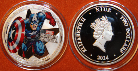 Жетон 2 доллара Ниуэ 2014 Капитан Америка посеребрение копия Копия