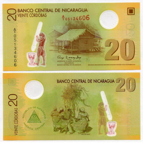 Банкнота Никарагуа 20 кордоба 2007 год. UNC (пластик)