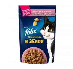 Felix Sensations пауч для взрослых кошек лосось, треска кусочки в желе 75 г