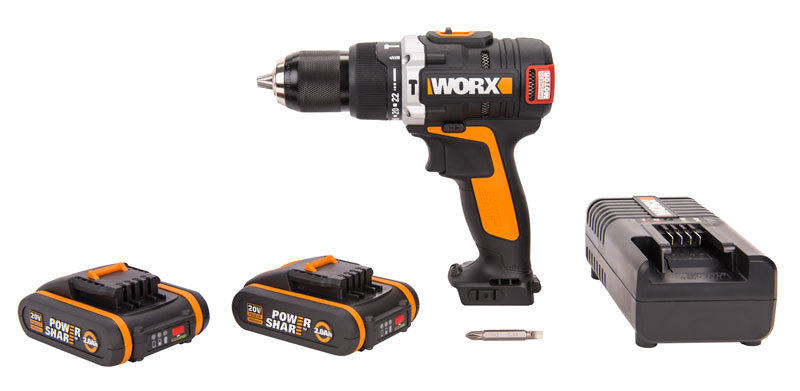 Дрель-шуруповерт ударная аккумуляторная WORX WX373, 20В, бесщеточная, 2,0 Ач x2 ,кейс