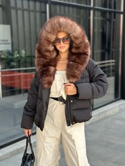 Пуховик - бомбер с натуральным мехом песца под «соболь» 50см