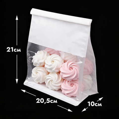 Пакет с прямоугольным дном 20,5*21*10 см с окном и зажимом, белый