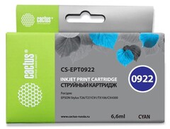 Картридж струйный Cactus CS-EPT0922 T0922 голубой (6.6мл) для Epson Stylus C91, CX4300, T26, T27, TX106, TX109, TX117, TX119