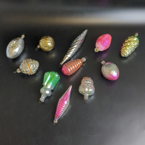 Ёлочные игрушки набор из 11 разных штук, сосульки, шарики, фигурки, стекло, подвесные, ручная роспись, винтаж СССР 1970-1990 гг