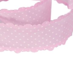 
          Декоративная лента капроновая с фигурной каймой для декора и флористики, 4 см, намотка 25 ярдов, розовый, дизайн белый горошек