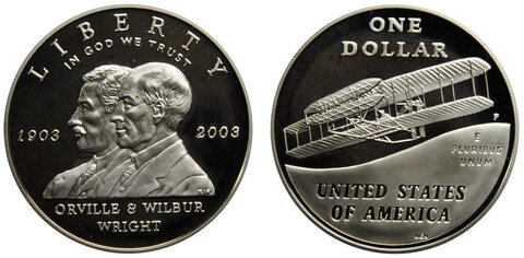 1 доллар 100 лет первого полета Братья Райт СЛАБ PCGS MS69. США 2003 год