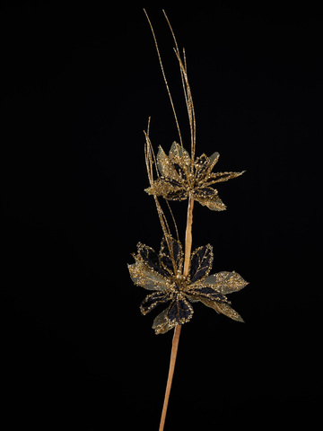 Веточка с цветами 15х41см ChristmasDeLuxe черная с золотом