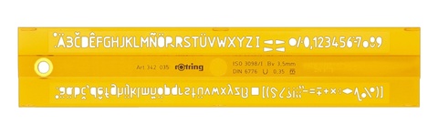 Трафарет Rotring латинские буквы 2.5/3.0/3.5/5.0/6.0 мм, пластик желтый/прозрачный