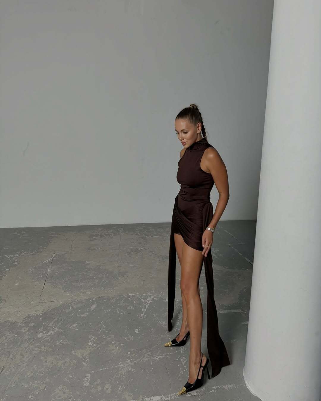 Платье с лоскутками, коричневый