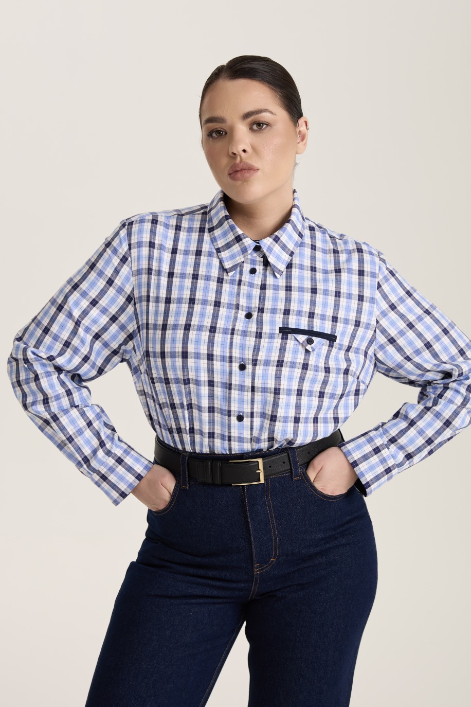 Рубашка с декоративным карманом в клетку, синий