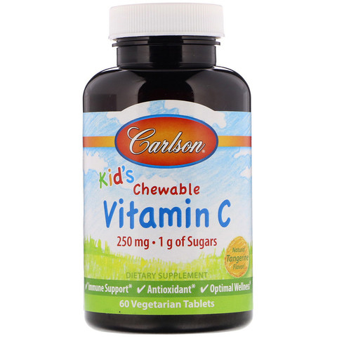Carlson Labs, Жевательный витамин С для детей, с натуральным вкусом мандарина, 250 мг, 60 вегетарианских таблеток