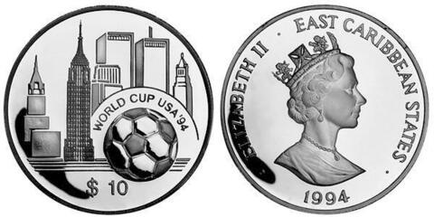 10 долларов Футбол Чемпионат мира 1994 г. США.  Восточно Карибские Штаты. 1994 г. Proof