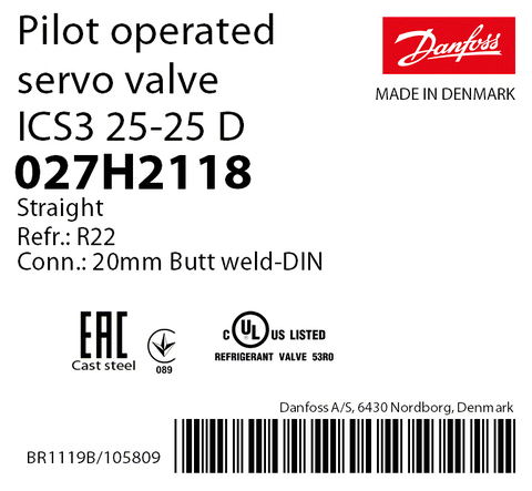Пилотный клапан ICS3 25-25 Danfoss 027H2118 стыковой шов