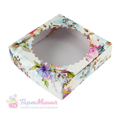 Коробка для печенья 12*12*3 см с окном «Цветы ассорти»