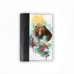 Обложка на паспорт комбинированная "Медведь с рыбой", черная