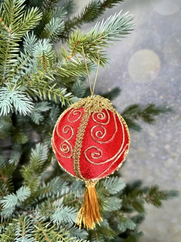 Шар с кисточкой 10см ChristmasDeLuxe premium collection красный/золотой