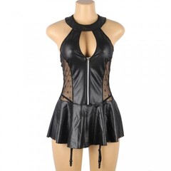 Кожаное платье со шнуровкой и юбкой-воланом Ohyeah +стринги, XL-2XL