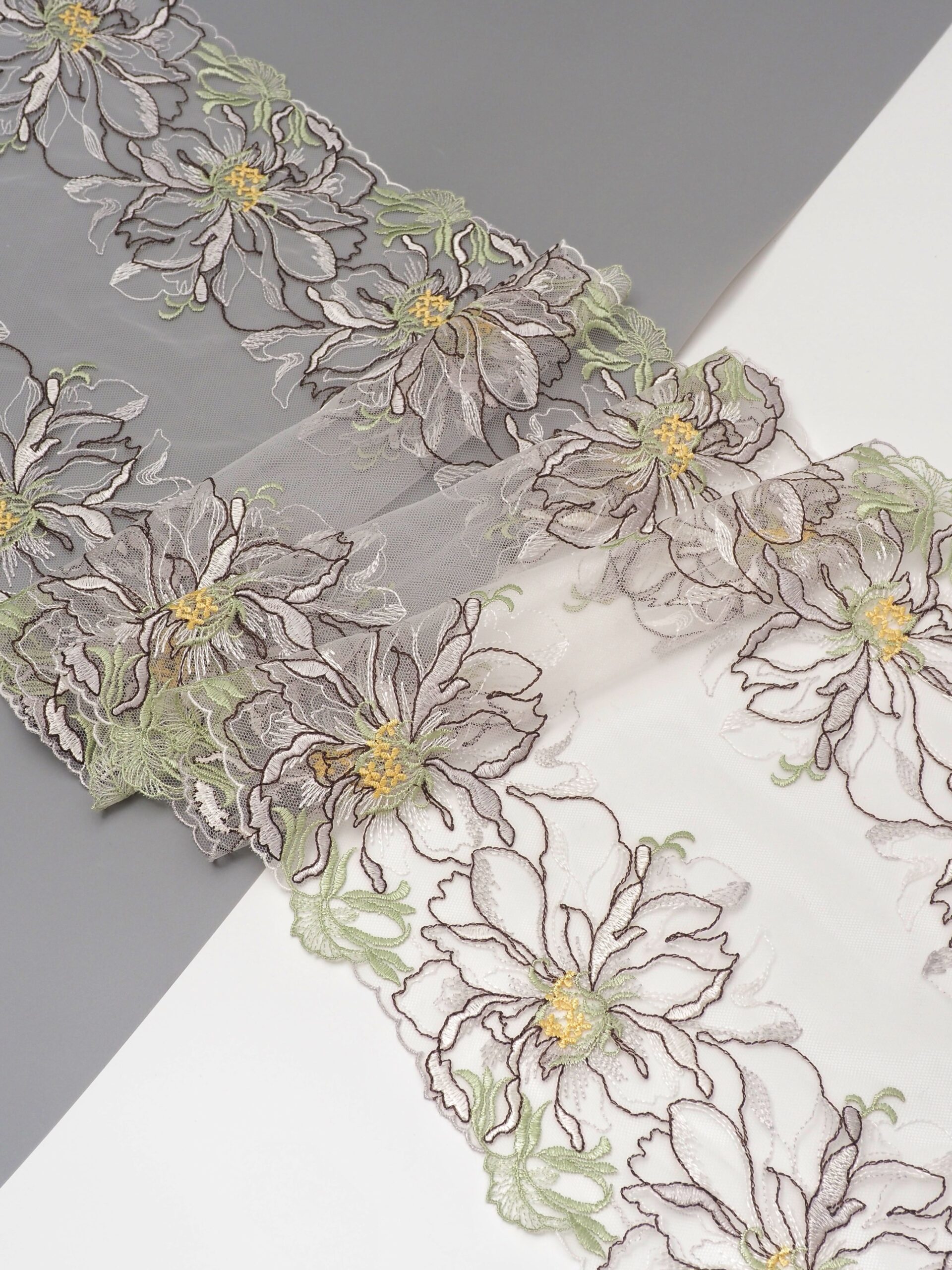 Кружево вышивка на сетке цвет мультиколор (фисташковый, шоколад, желтый, белый) неэластичная ширина 27 см