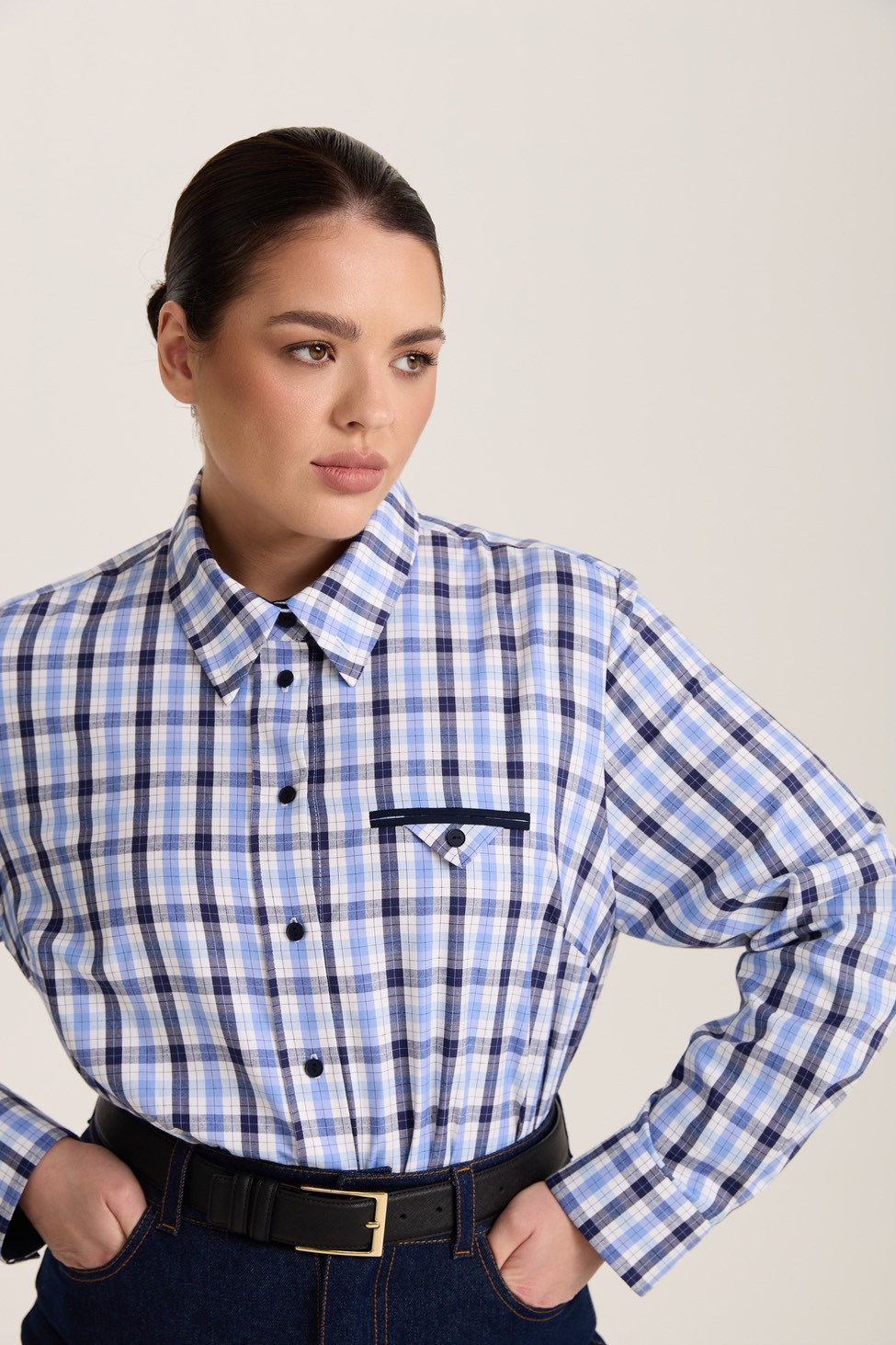 Рубашка с декоративным карманом в клетку, синий