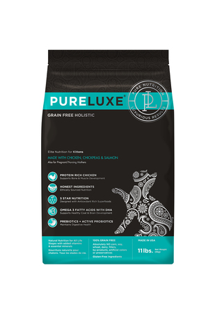 купить PureLuxe Elite Nutrition for kitten wits chicken, chickpeas & salmon сухой корм для котят, а также беременных и кормящих кошек всех пород c курицей, нутом и лососем