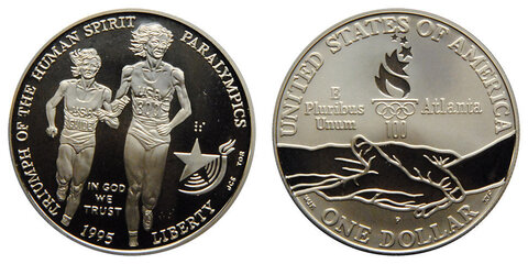 1 доллар Паралимпиада Бегуны Бег Легкая атлетика Атланта 1996 г. 1995 г. США Proof