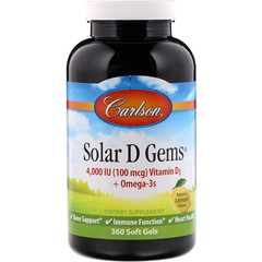 Carlson Labs, Solar D Gems, натуральный лимонный вкус, 4000 МЕ, 360 мягких таблеток
