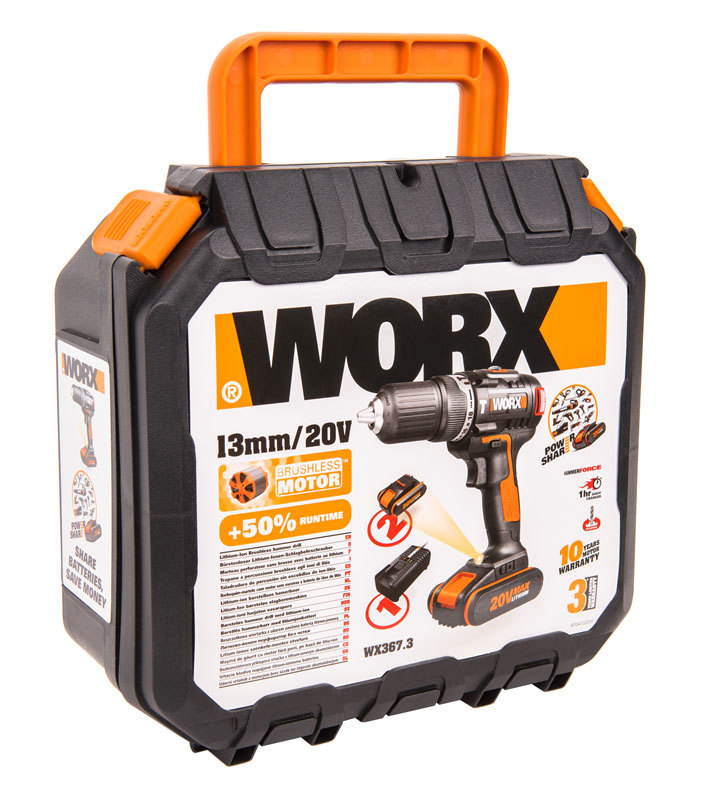 Дрель-шуруповерт ударная аккумуляторная WORX WX367.3, 20В, бесщеточная, 2Ач x2, кейс