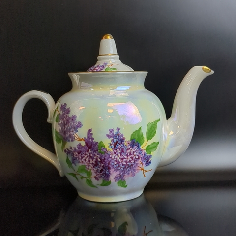 Чайник заварочный фарфоровый Дулево ФЗ из сервиза "Сирень", перламутр, позолота, (объём- ? мл) винтажный