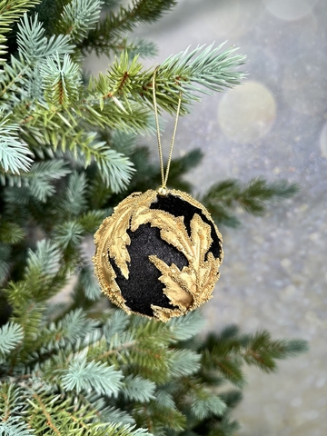 Шар c листьями 9см ChristmasDeLuxe premium collection черный/золотой