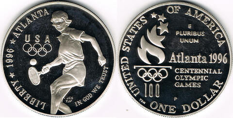 1 доллар Теннис Олимпиада Атланта 1996 г. СЛАБ PCGS PR69 1996 г. США Proof