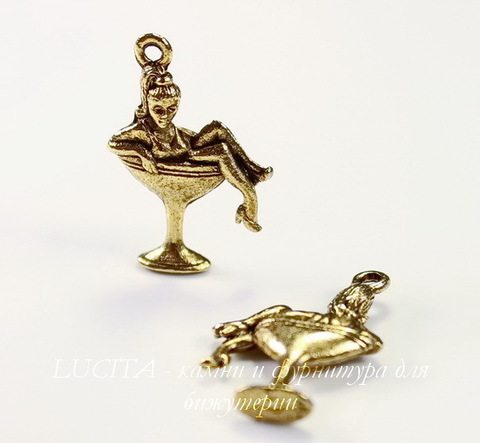Подвеска Quest Beads "Девушка в бокале" (цвет-античное золото) 21х14 мм