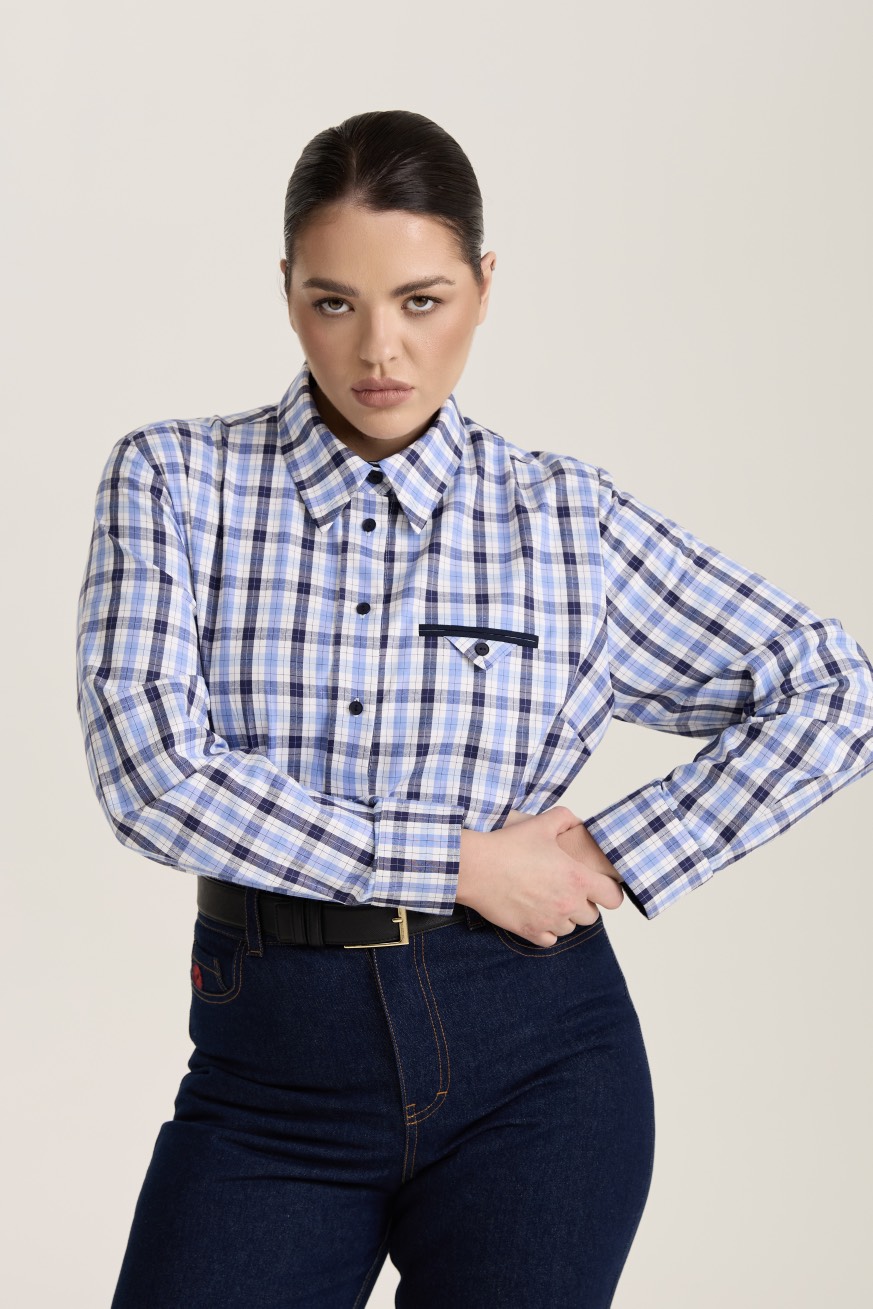 Рубашка с декоративным карманом в клетку, синий
