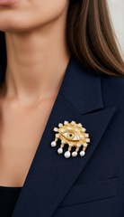 Брошь ГЛАЗ (желтый) с подвесками из речного жемчуга в стиле Schiaparelli