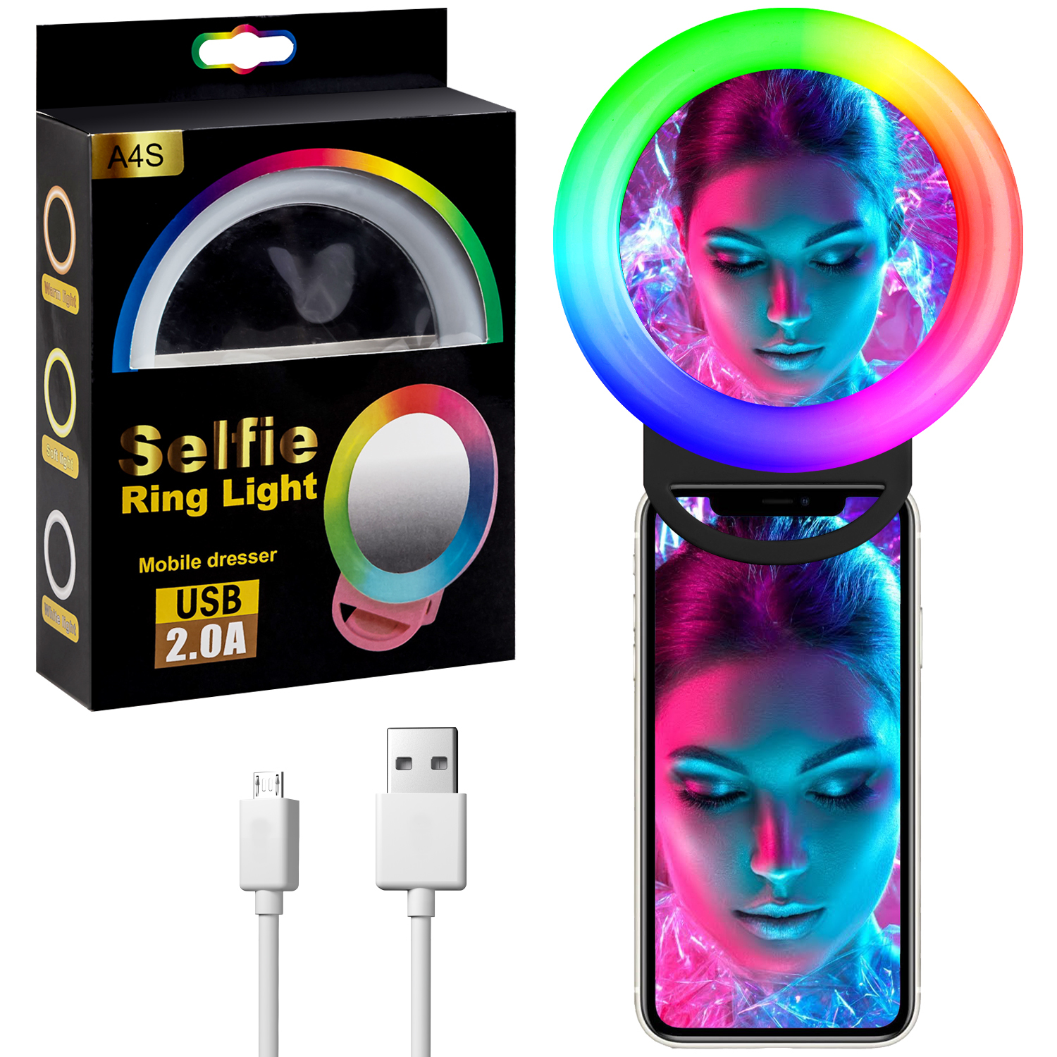 Купить Светодиодное селфи-кольцо с USB 2.0 для телефона RGB Selfie Ring  Light A4S (Черный) за 290 руб, в Чехолере