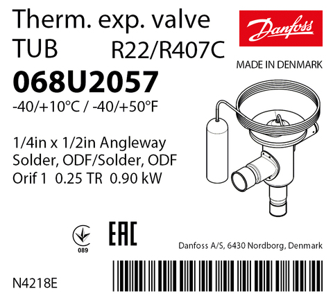 Терморегулирующий клапан Danfoss TUB 068U2057 (R22/R407C, без МОР) угловой