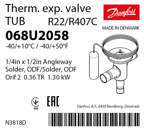 Терморегулирующий клапан Danfoss TUB 068U2058 (R22/R407C, без МОР) угловой