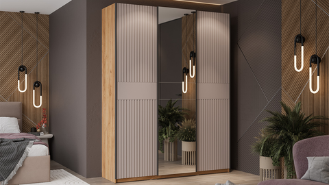 Шкаф-купе Оскар Хилтон 3-х дверный с зеркалом 177 дуб крафт золотой / кашемир сатин / ручка черная