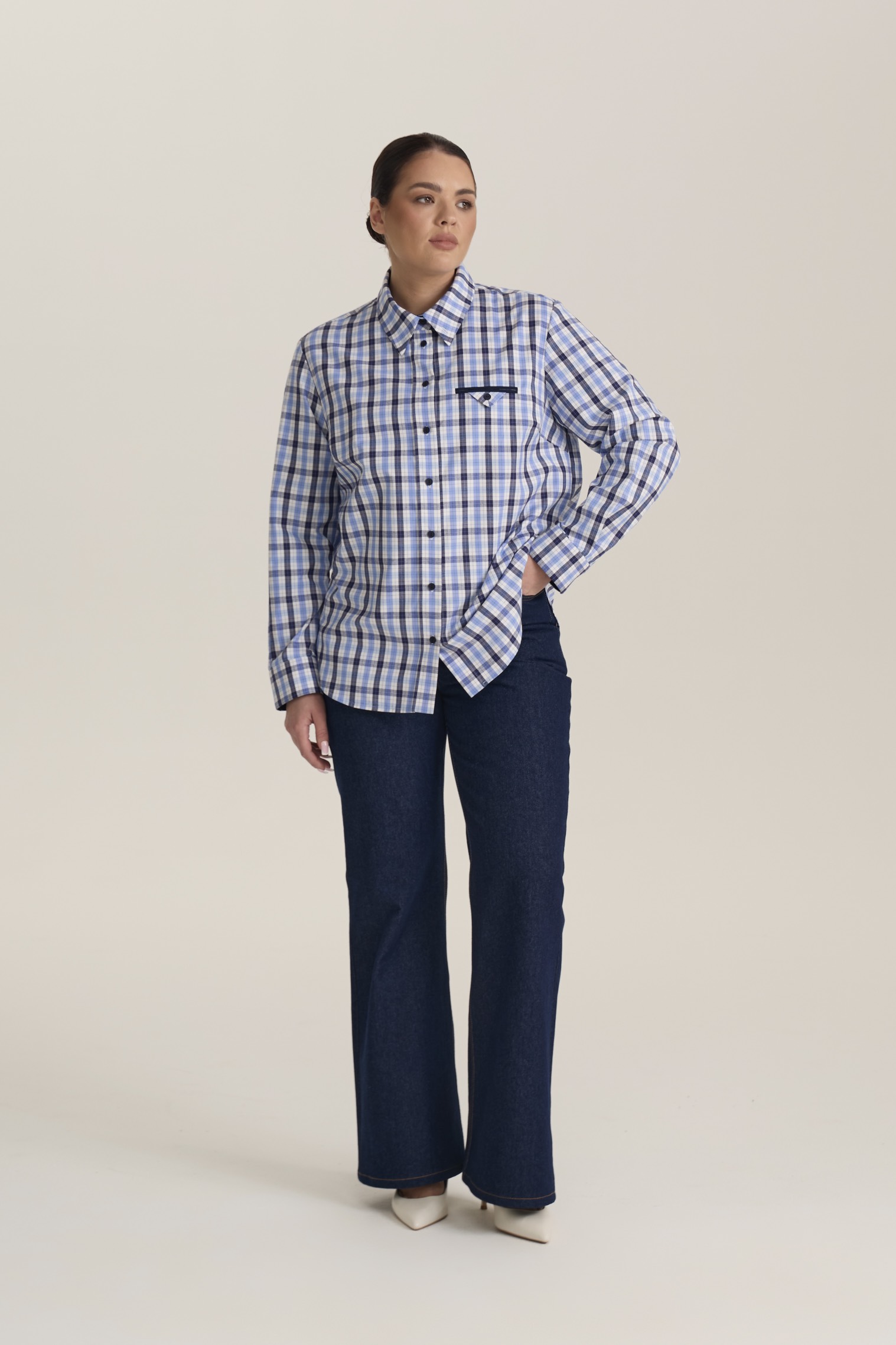 Рубашка с декоративным карманом в клетку, синий