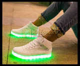 Светящиеся высокие кроссовки с USB зарядкой Fashion (Фэшн) на шнурках и липучках, цвет белый, светится вся подошва. Изображение 26 из 27.