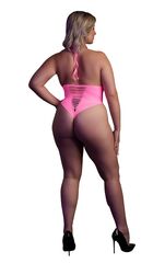Розовое неоновое боди +size с имитацией шнуровки - 