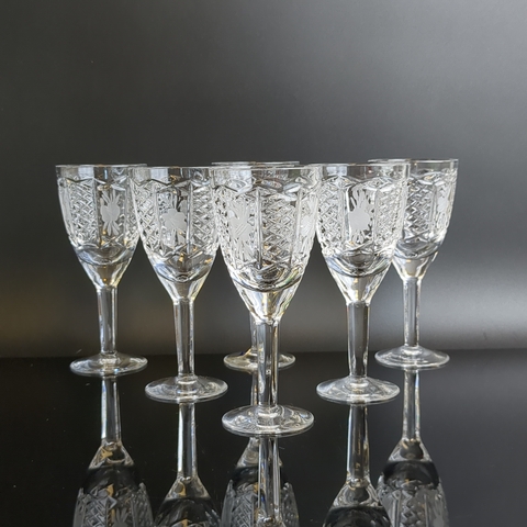 Рюмки набор из 6 штук хрустальные на ножке, алмазная грань, резной геометрический орнамент, цветы, матовый хрусталь, ГХЗ, винтаж СССР 1970-1990 гг