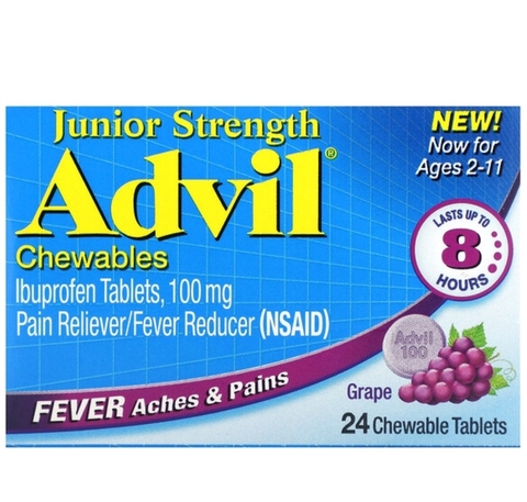 Advil, Junior Strength, жевательные таблетки, для возраста 2–11 лет, со вкусом винограда, 24 жевательные таблетки