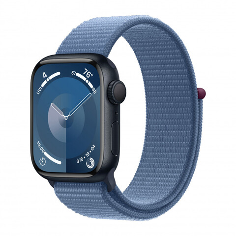 Умные часы Apple Watch Series 9 45 мм из алюминия цвета «тёмная ночь», нейлоновый браслет «ледяной синий»